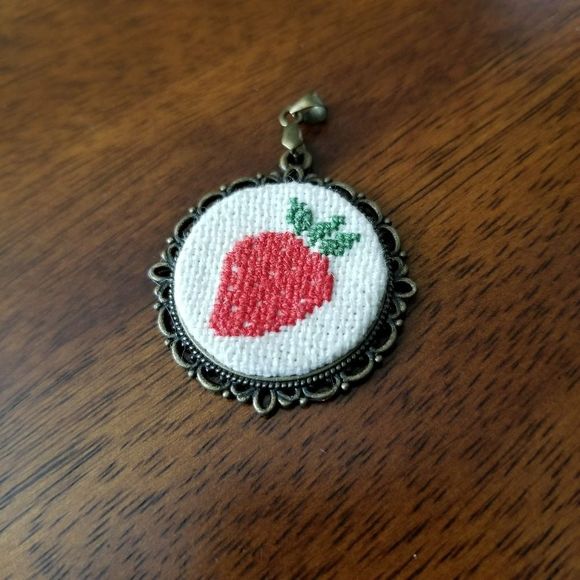 Strawberry cross-stitch pendant - Picture 1 of 3